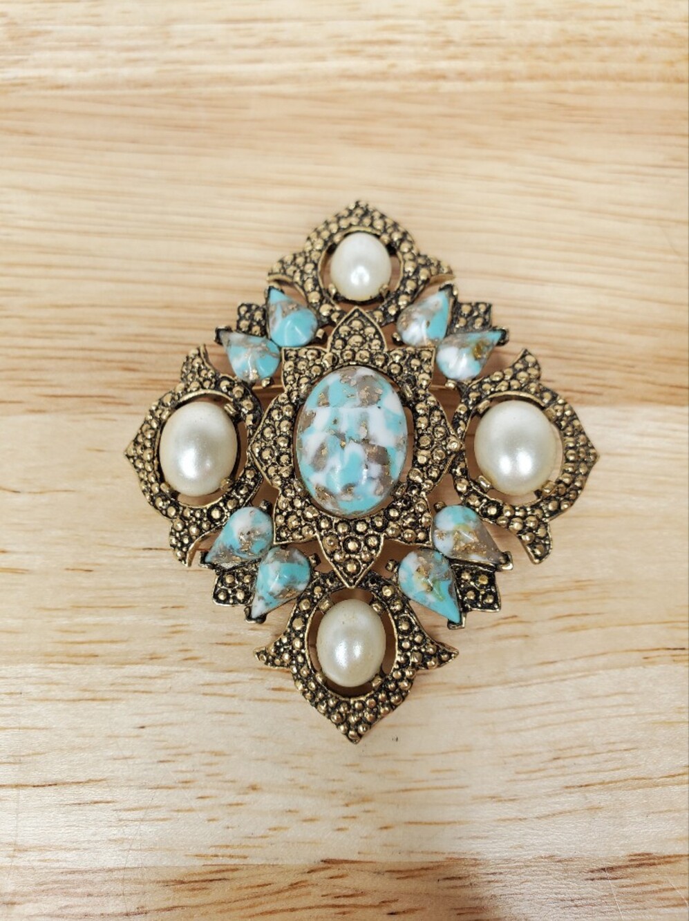 Vintage Sarah Coventry Goldtone Brooch Pin Pendant Faux Turquoise & Pearls